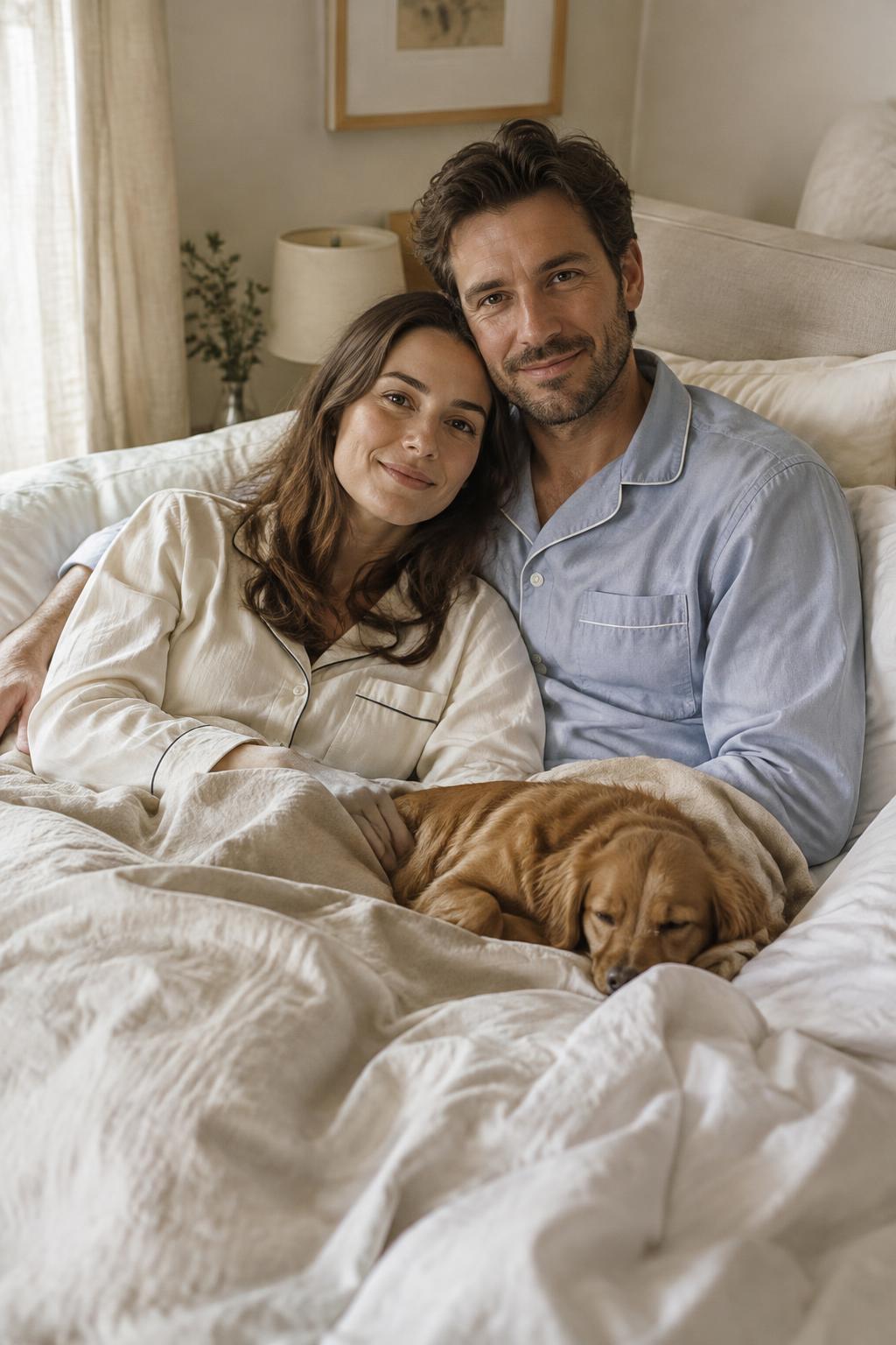 Adults in pyjamas sharing a cozy bedroom moment with their dog