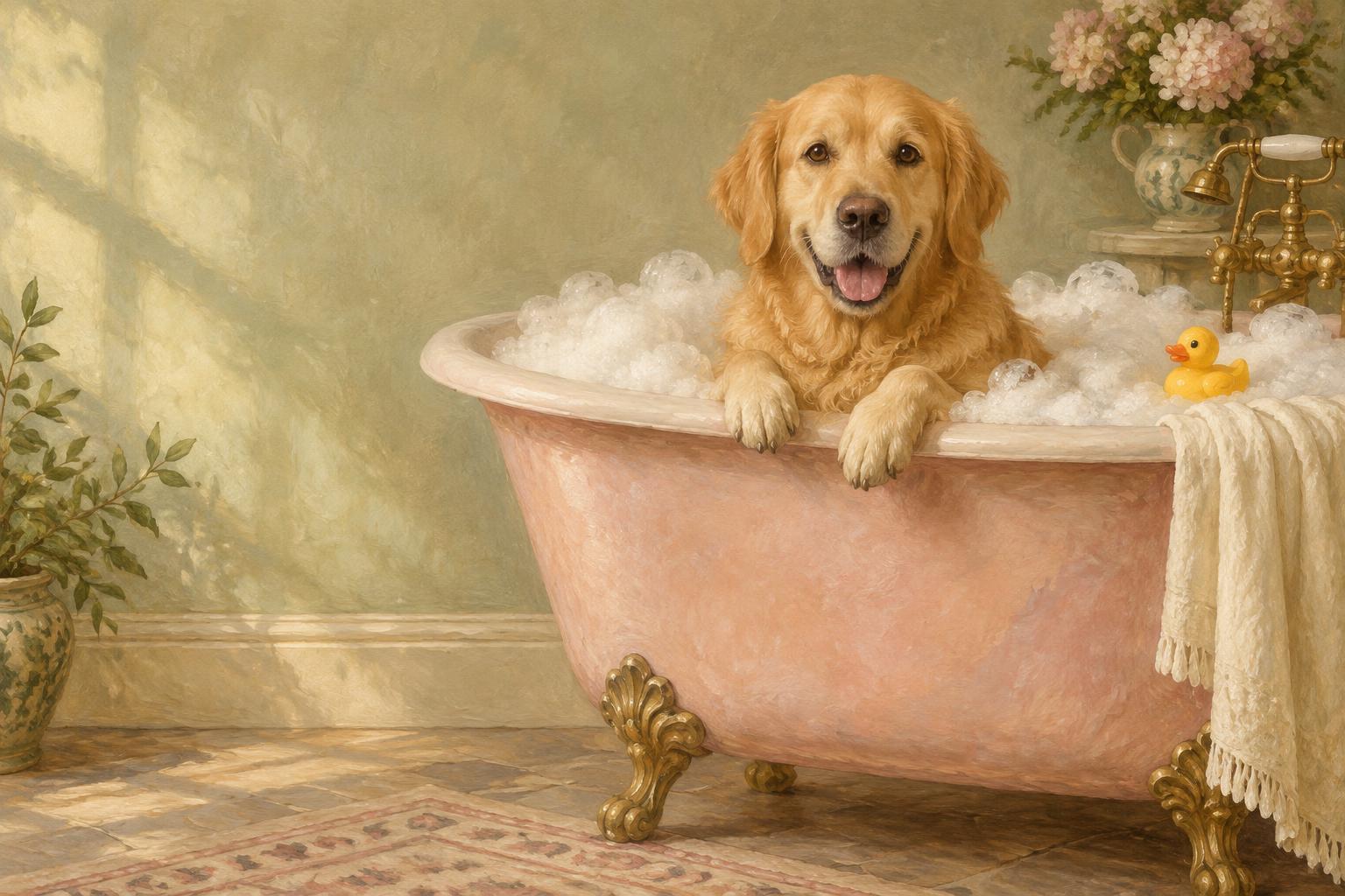 Oil painting of a pampered golden retriever relaxing in a pink bubble bath