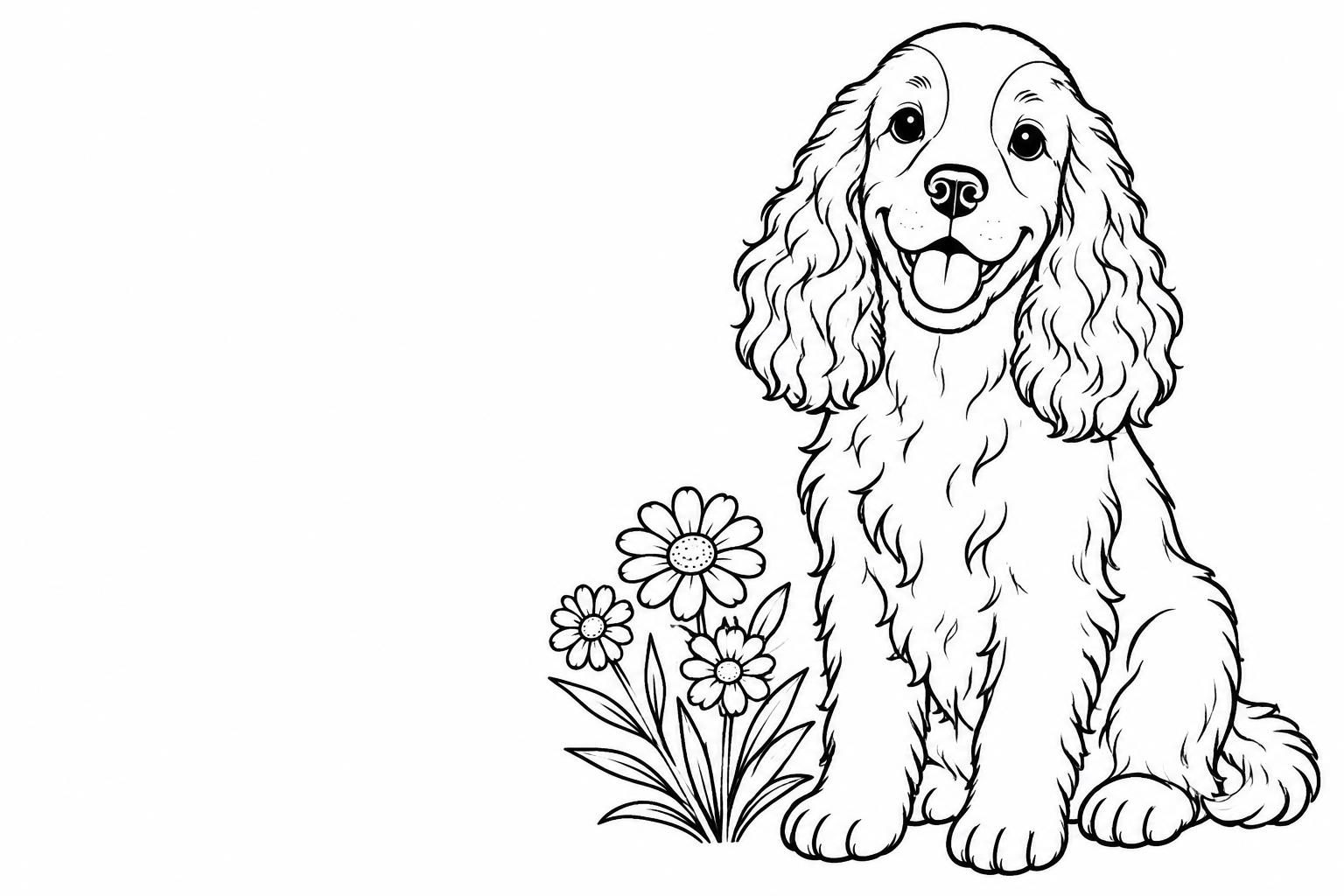Black-and-white coloring outlines of a spaniel beside flowers