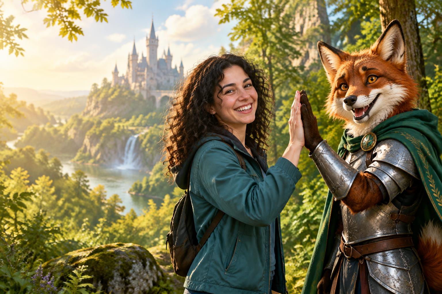 Woman and fantasy fox knight sharing a high-five in a magical forest