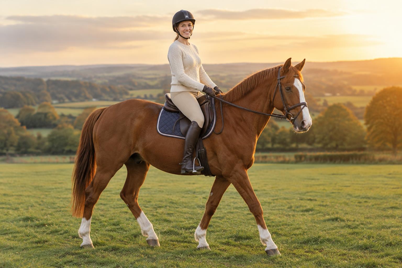 Woman riding a calm chestnut horse in golden countryside light