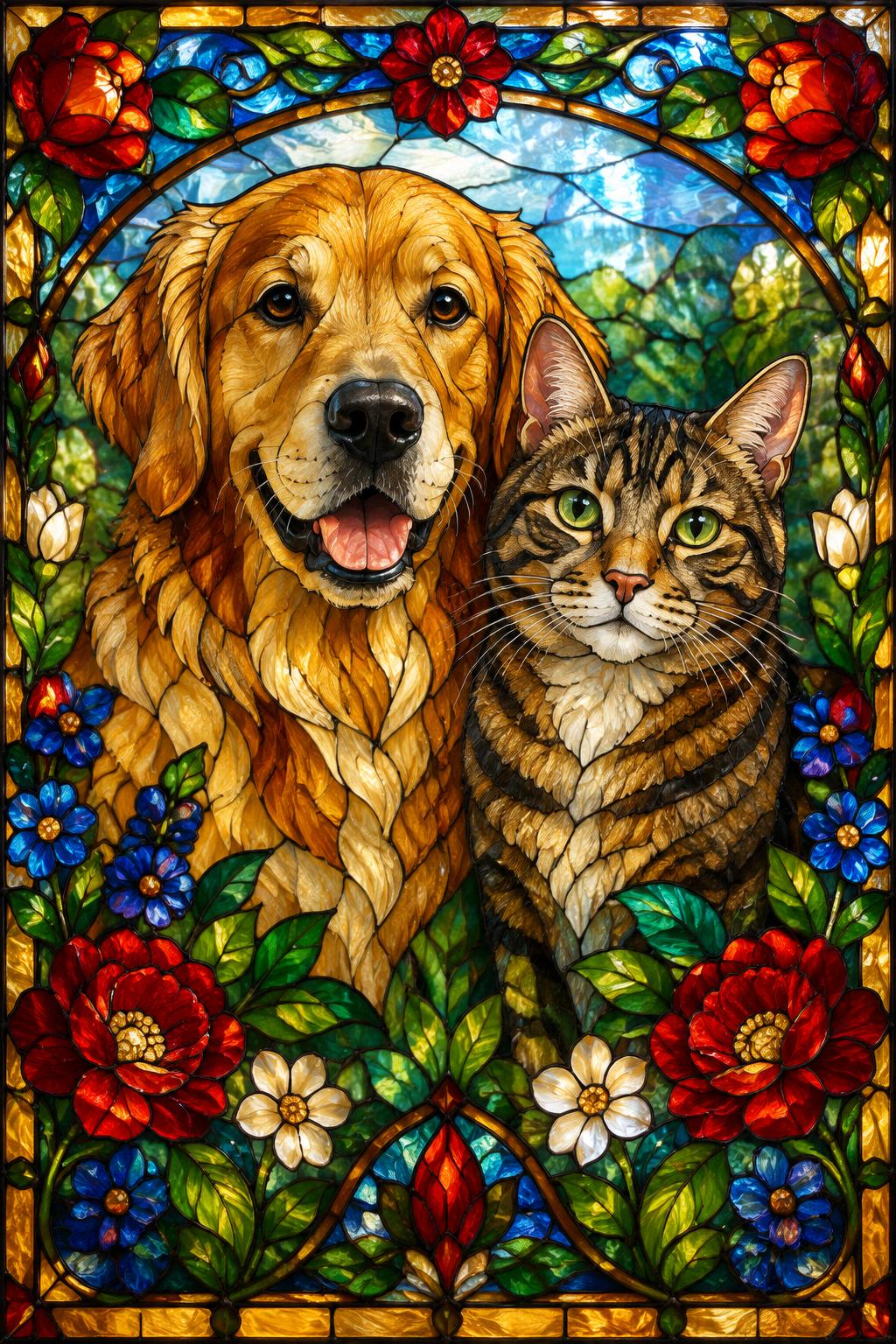 Golden retriever and tabby cat in luminous floral stained glass