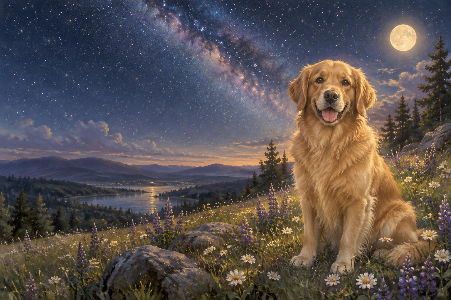 Golden retriever beneath gentle moonlight and a starry Milky Way