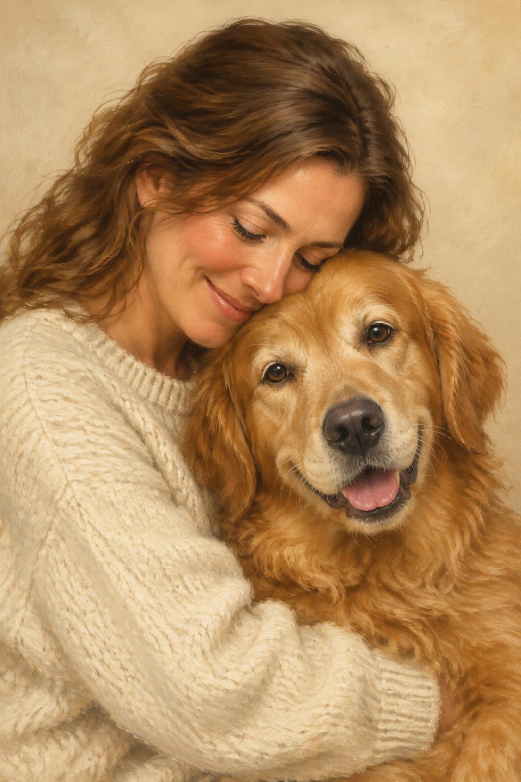 Warm studio portrait of a woman embracing her golden retriever